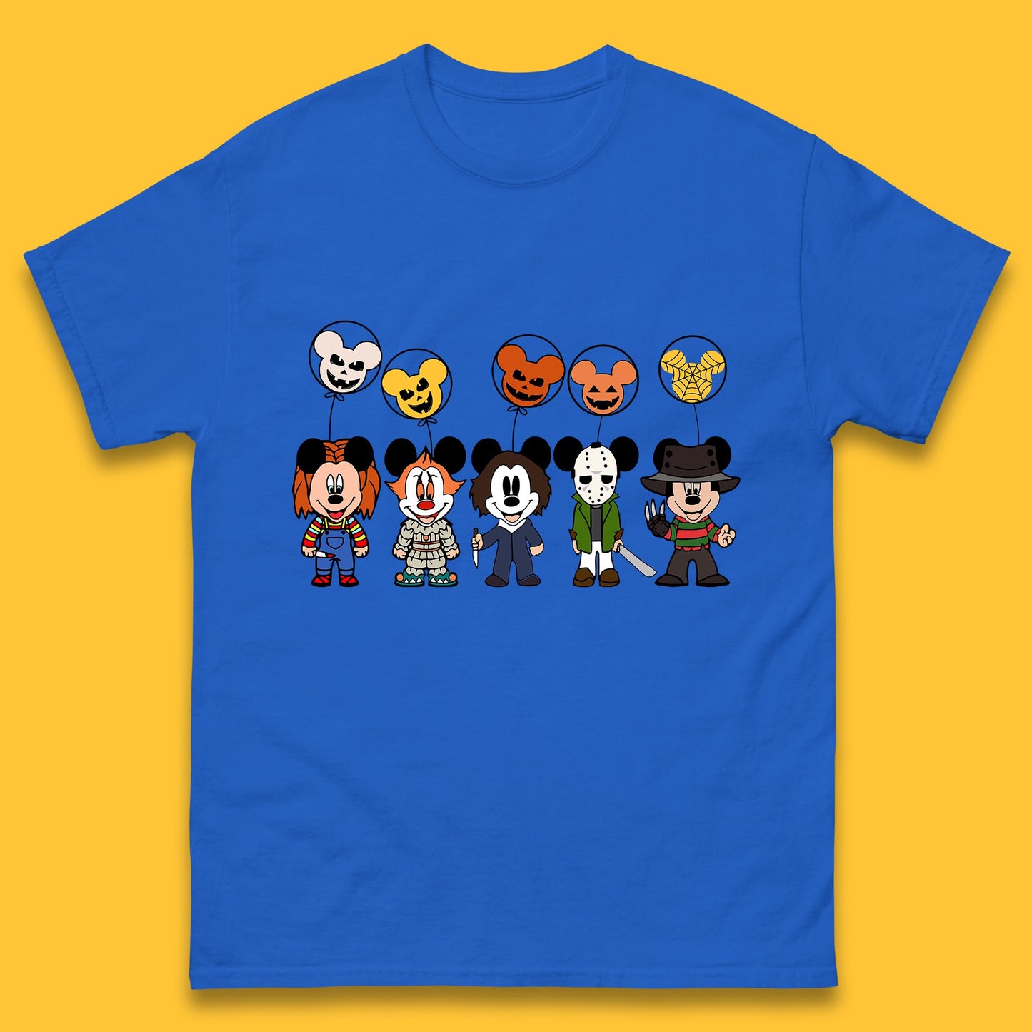 Disney Halloween Friends Horror Movie Characters Mickey Mouse Balloons Mens Tee Top
