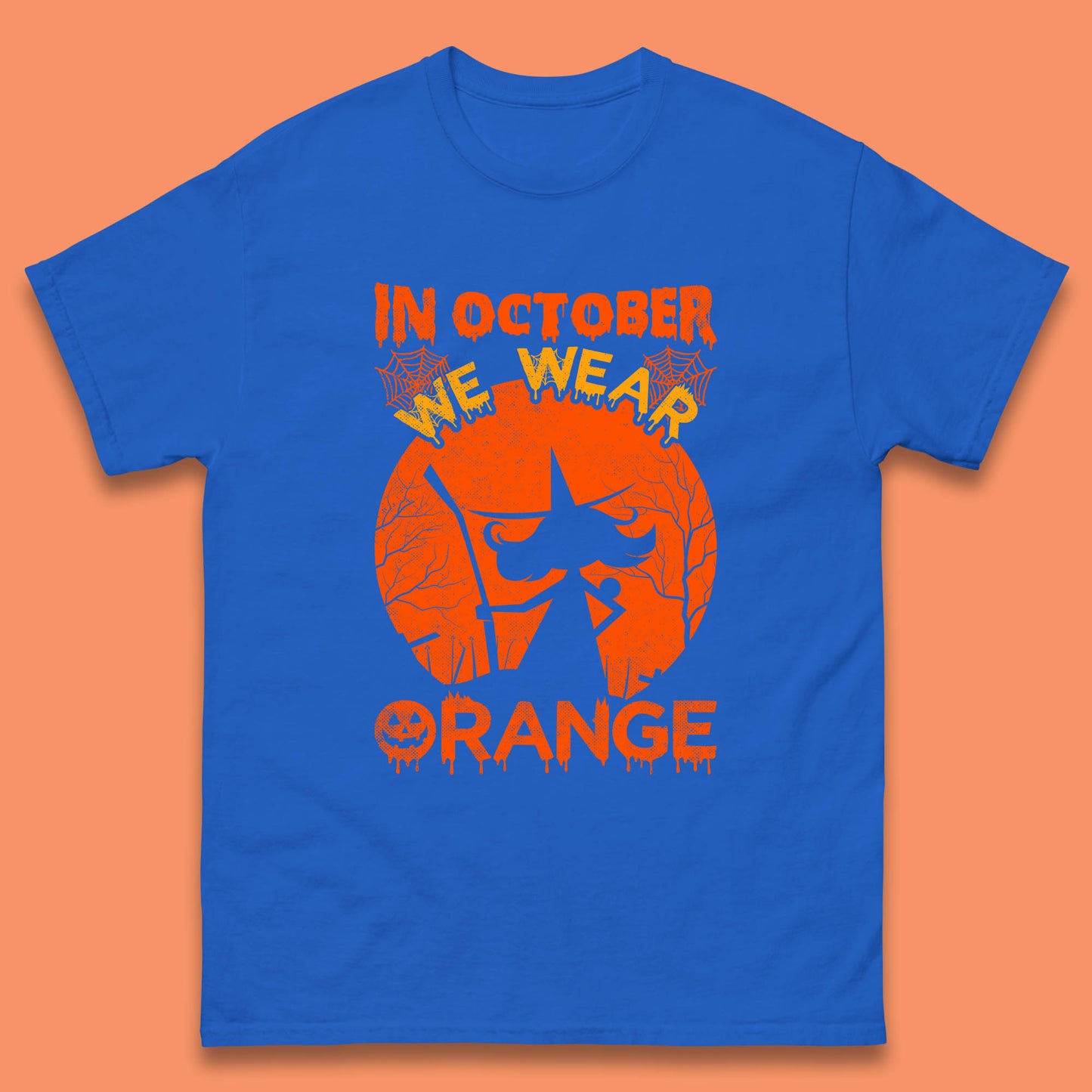 In October We Wear Orange Funny Quote Scary Witch With Broom Halloween Costume October Festive Mens Tee Top