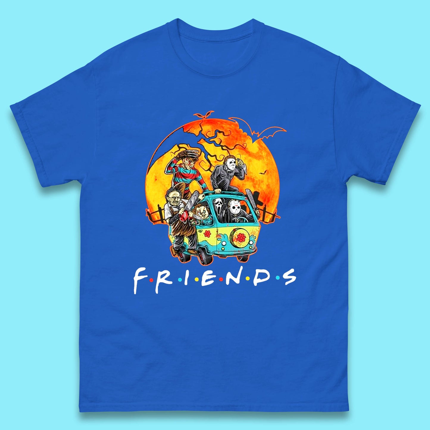 Friends Van Halloween Scooby Doo Mystery Machine Horror Movie Villians Characters Mens Tee Top
