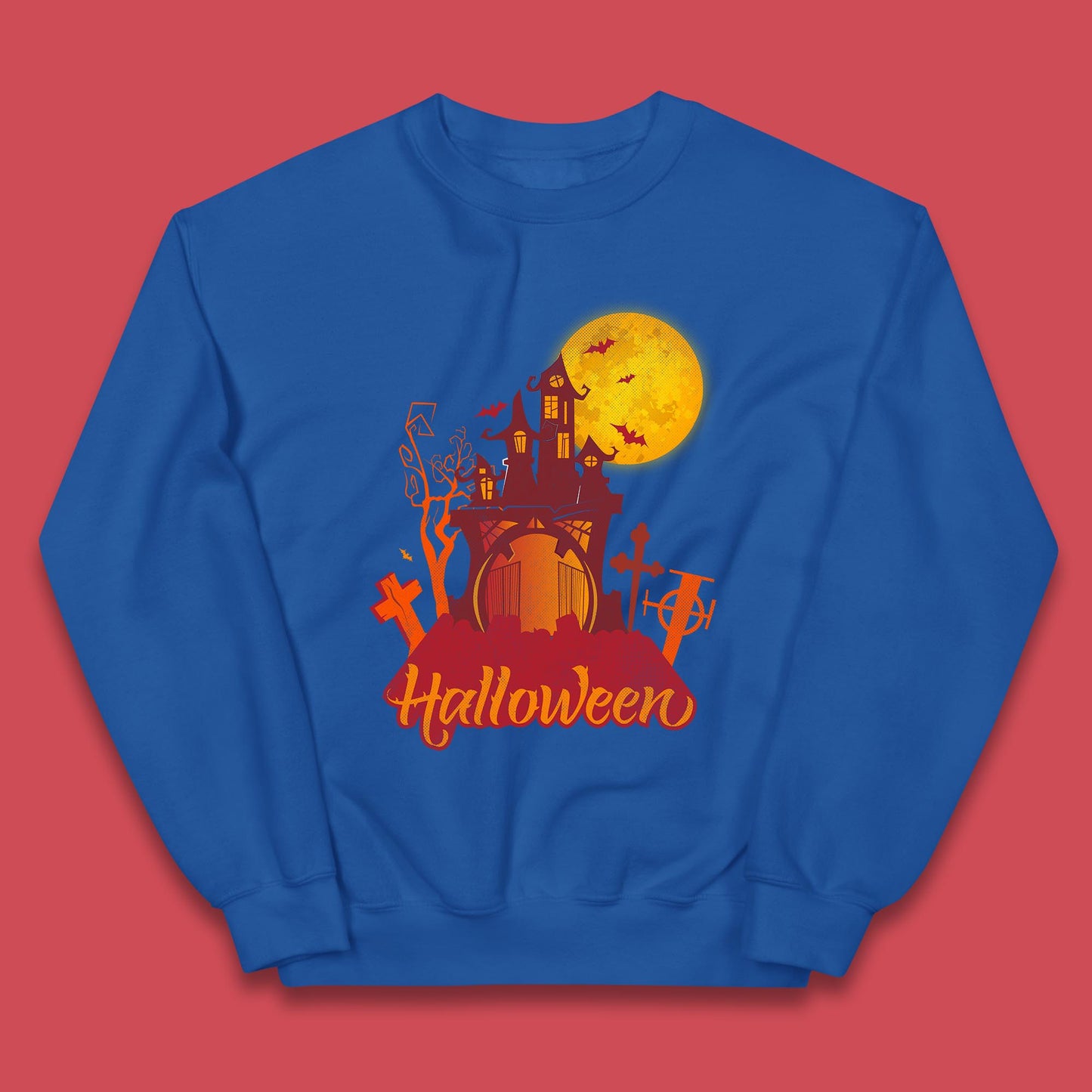 Halloween Lettering With Full Moon Scary Haunted House Flying Bats Horror Graveyard Kids Jumper