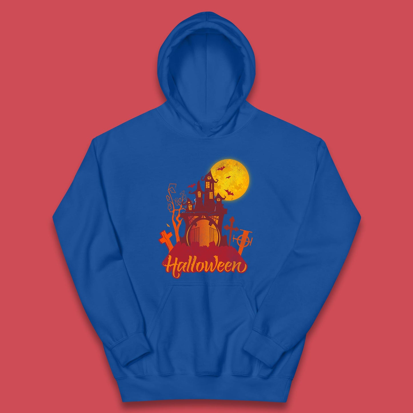 Halloween Lettering With Full Moon Scary Haunted House Flying Bats Horror Graveyard Kids Hoodie