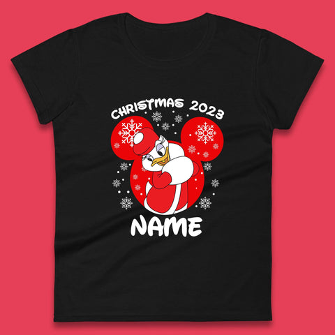 Personalised Christmas 2023 Your Name Santa Donald Duck And Daisy Duck Xmas Disney Mickey And Friends Womens Tee Top