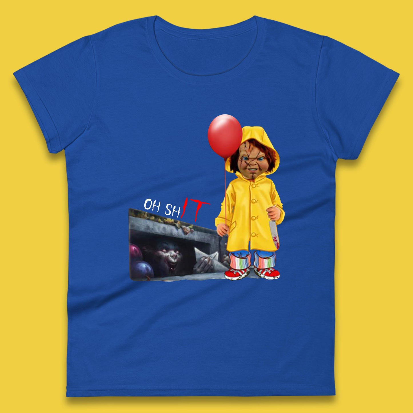 Oh Shit Pennywise Chucky Clown Spoof Halloween IT Pennywise Clown Horror Movie Character Womens Tee Top