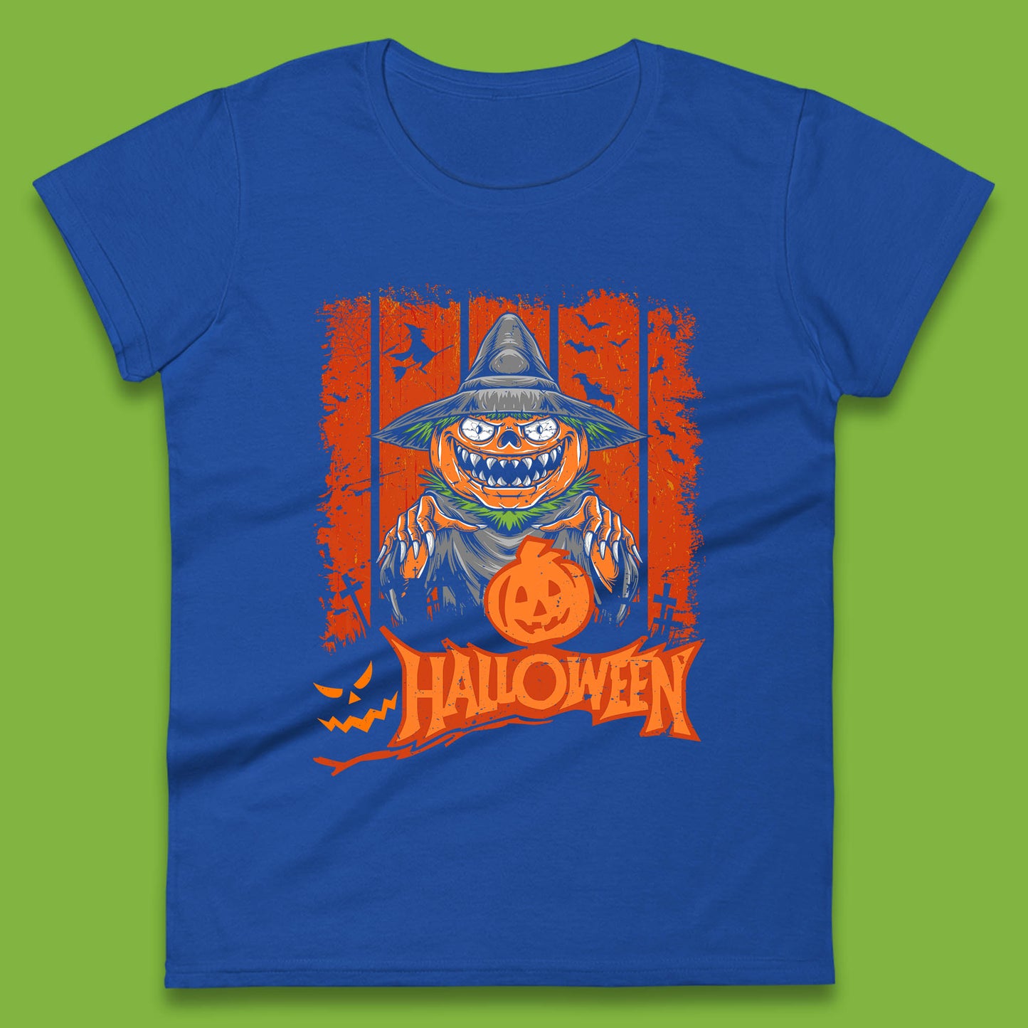Halloween Pumpkin Head Scarecrow Jack O Lantern Pumpkin Head Horror Scary Vintage Retro Womens Tee Top