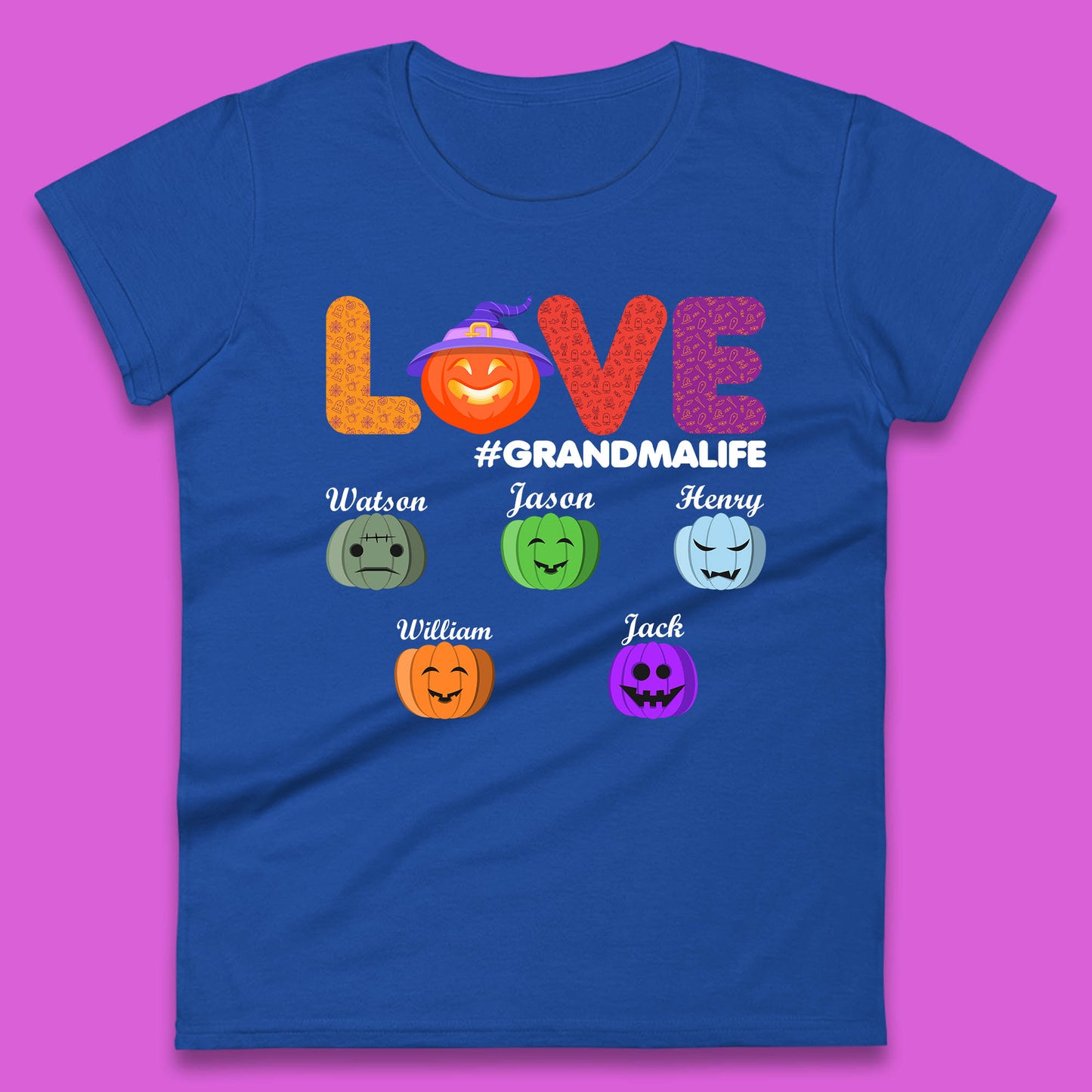 Personalised Love Grandma Life Your Name Halloween Grandma Witch Hat With Grandkids Names Womens Tee Top