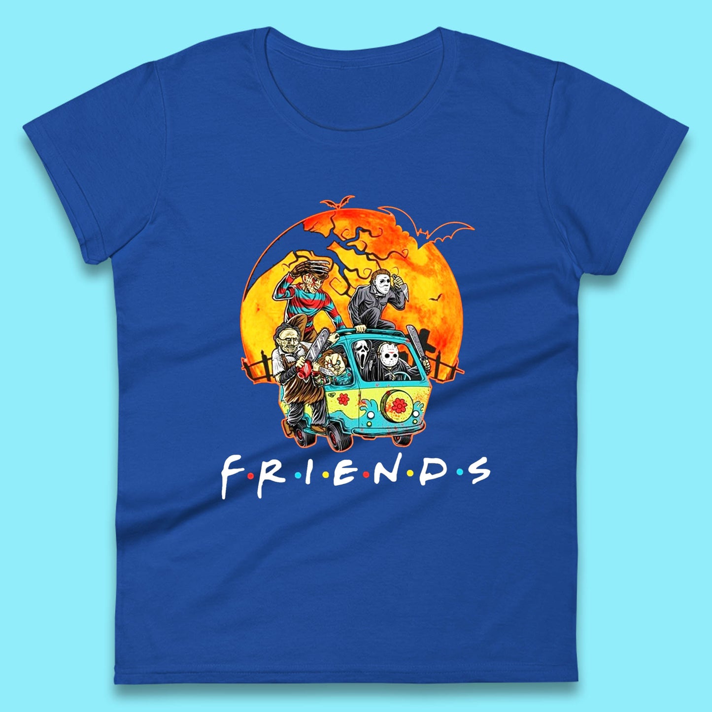 Friends Van Halloween Scooby Doo Mystery Machine Horror Movie Villians Characters Womens Tee Top