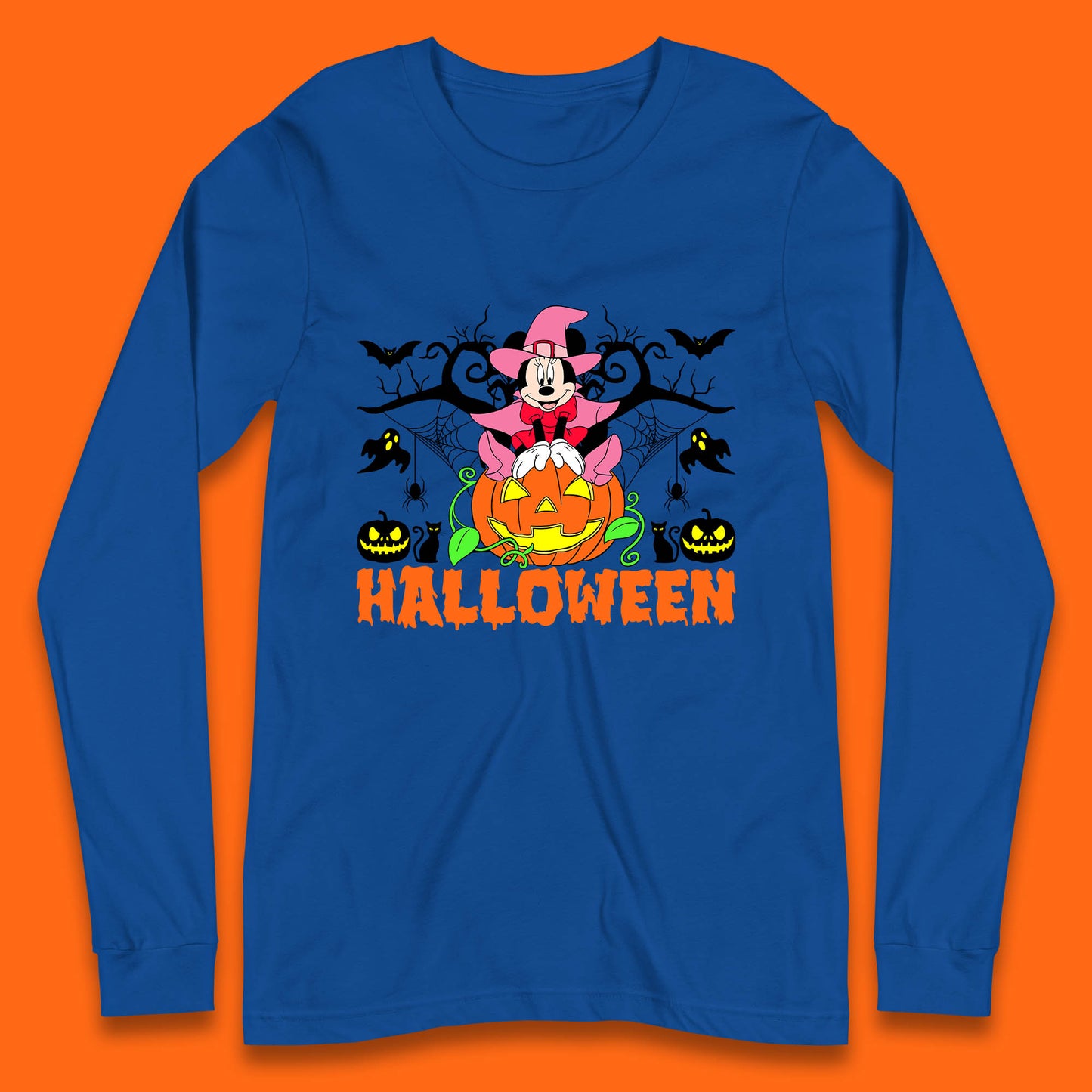 Disney Halloween Witch Minnie Mouse Sitting On Pumpkin Horror Scary Disneyland Trip Costume Long Sleeve T Shirt