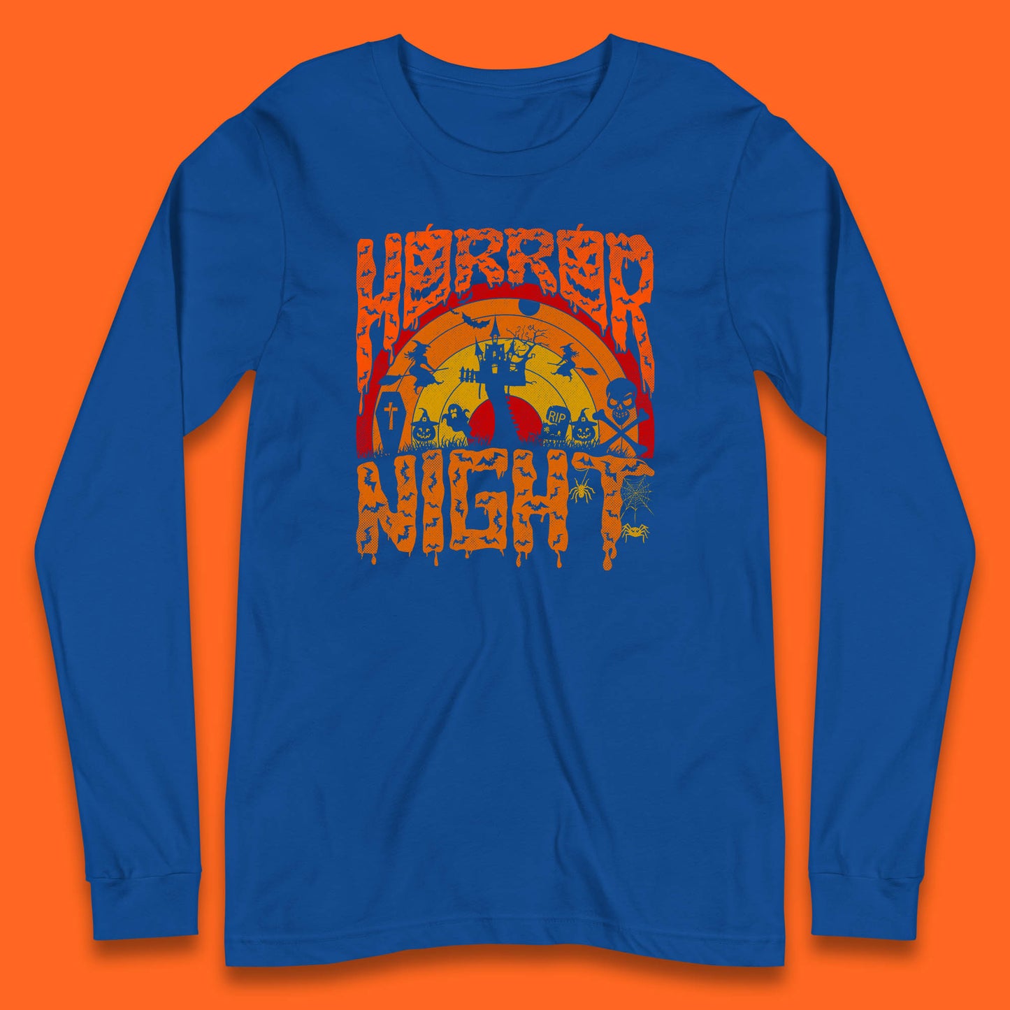 Halloween Horror Night Vintage Rainbow Flying witches Scary Boo Spooky Festive Night Long Sleeve T Shirt