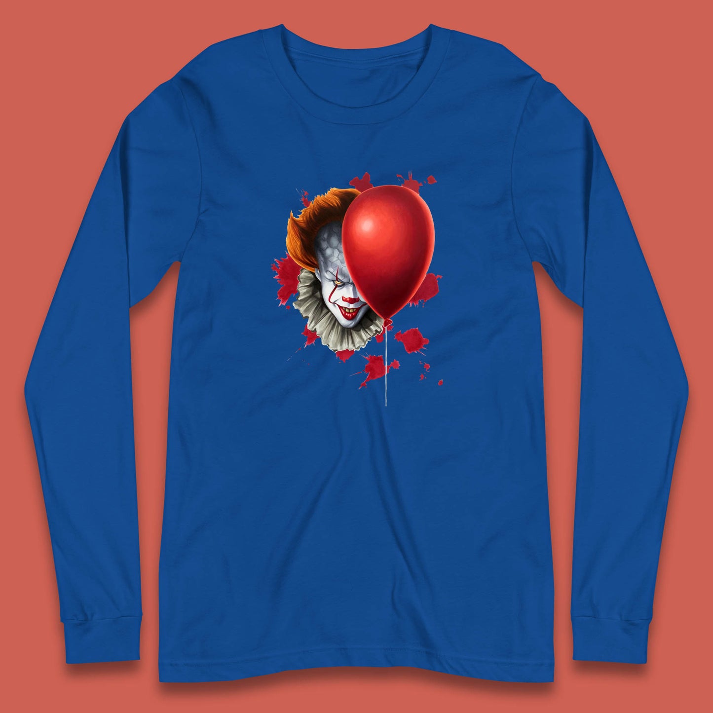 IT Pennywise Clown With Balloon Halloween Evil Clown Costume Horror Movie Serial Killer Long Sleeve T Shirt