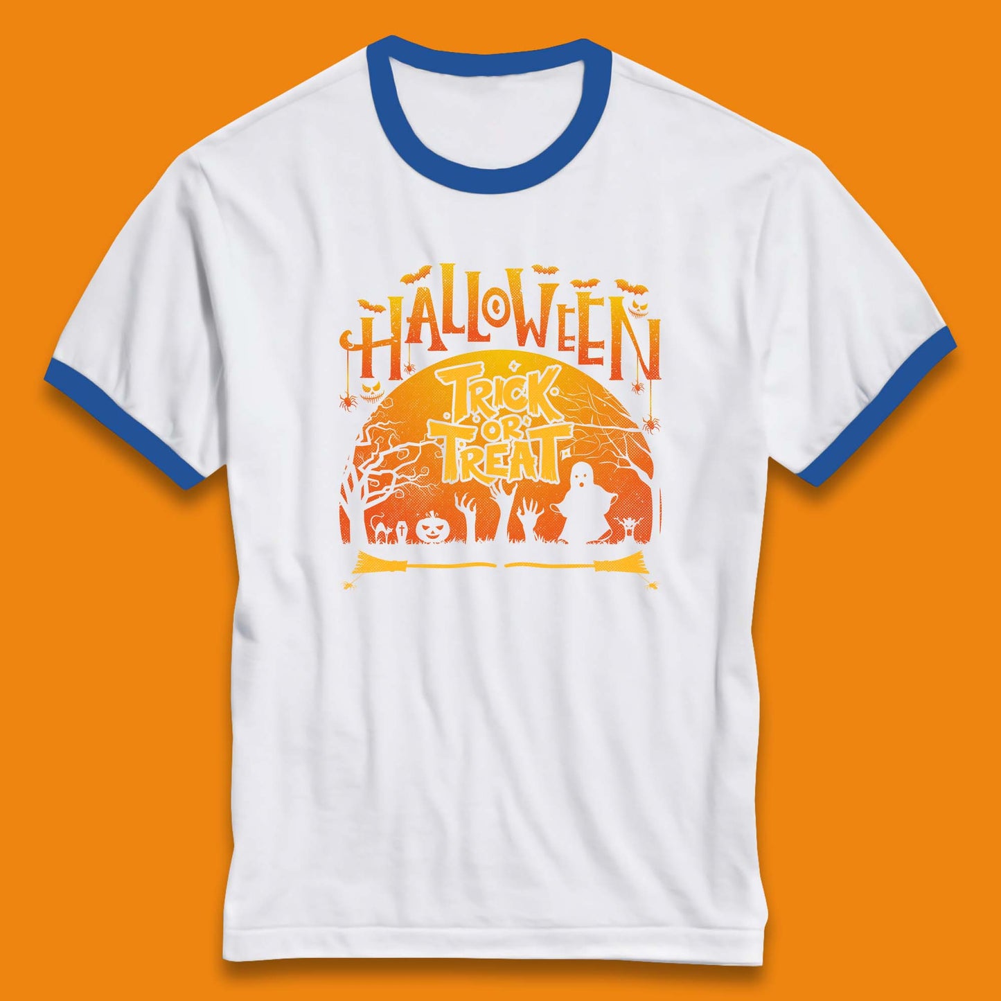 Halloween Trick Or Treat Horror Boo Ghost Creepy Zombie Hands Out Of Graveyard Ringer T Shirt