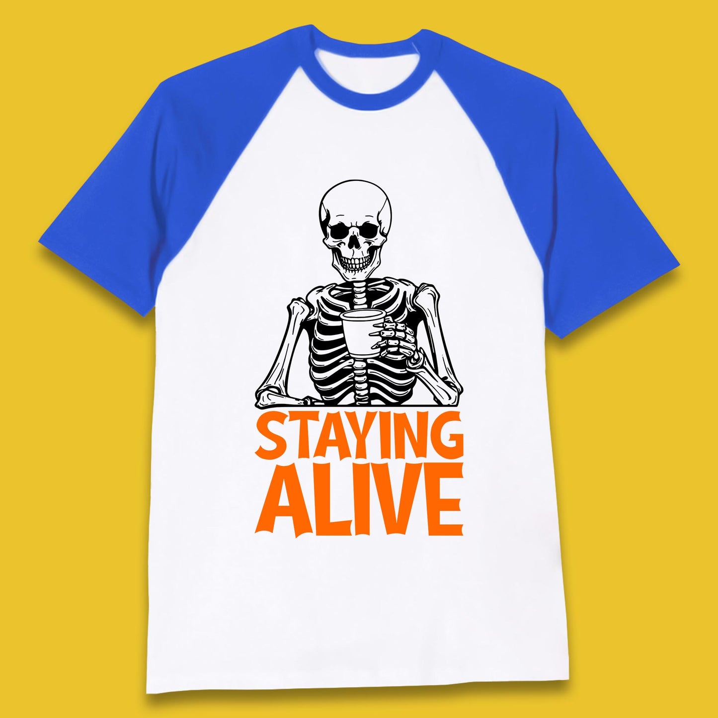 Staying Alive Funny Skeleton Trendy Coffee Halloween Skull Vintage Coffee Lovers Baseball T Shirt