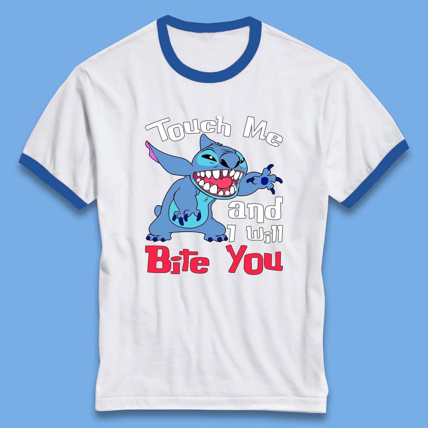 Disney Angry Stitch Cartoon Touch Me And I Will Bite You Lilo & Stitch Ringer T Shirt