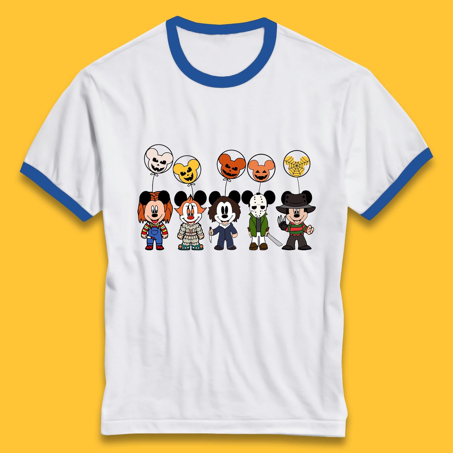 Disney Halloween Friends Horror Movie Characters Mickey Mouse Balloons Ringer T Shirt