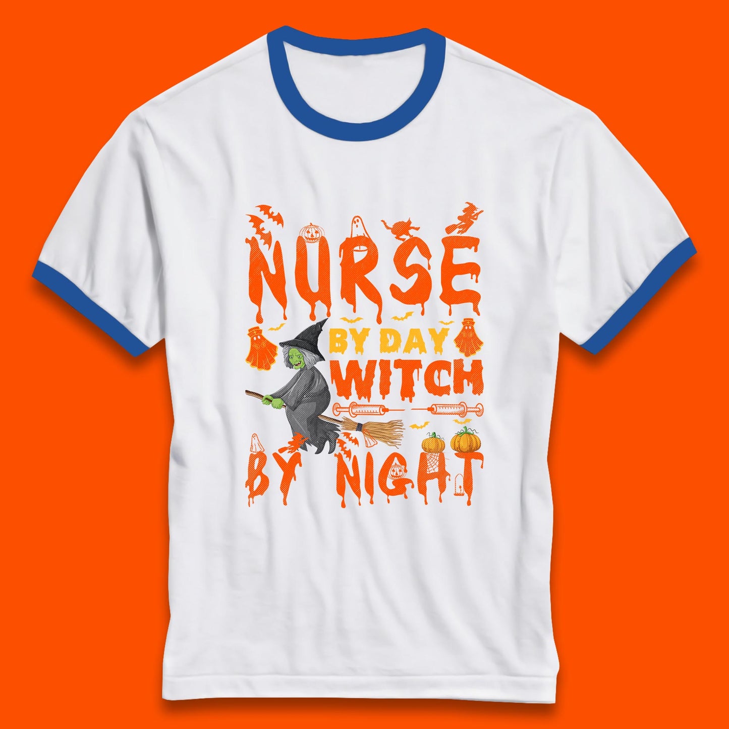 Nurse By Day Witch By Night Halloween Funny Nursing Spooky Nurse Ringer T Shirt