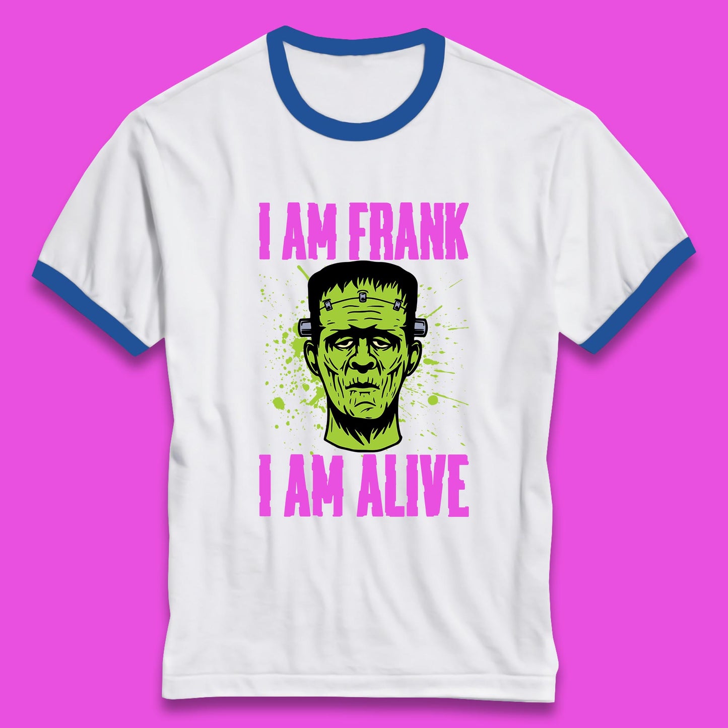 I Am Frank I Am Alive Halloween Green Frankenstein Monster Zombie Horror Face Ringer T Shirt