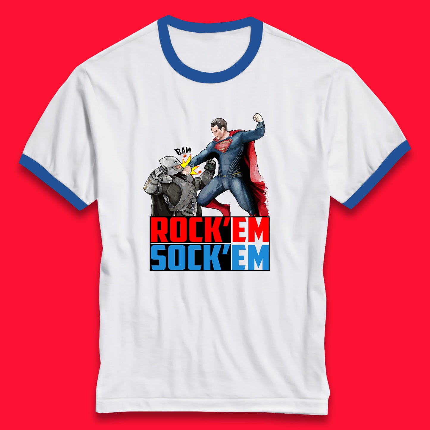 Rock'Em Sock'Em Batman V Superman Dawn Of Justice DC Comics Superheroes Fighting The Ultimate Face Off Ringer T Shirt