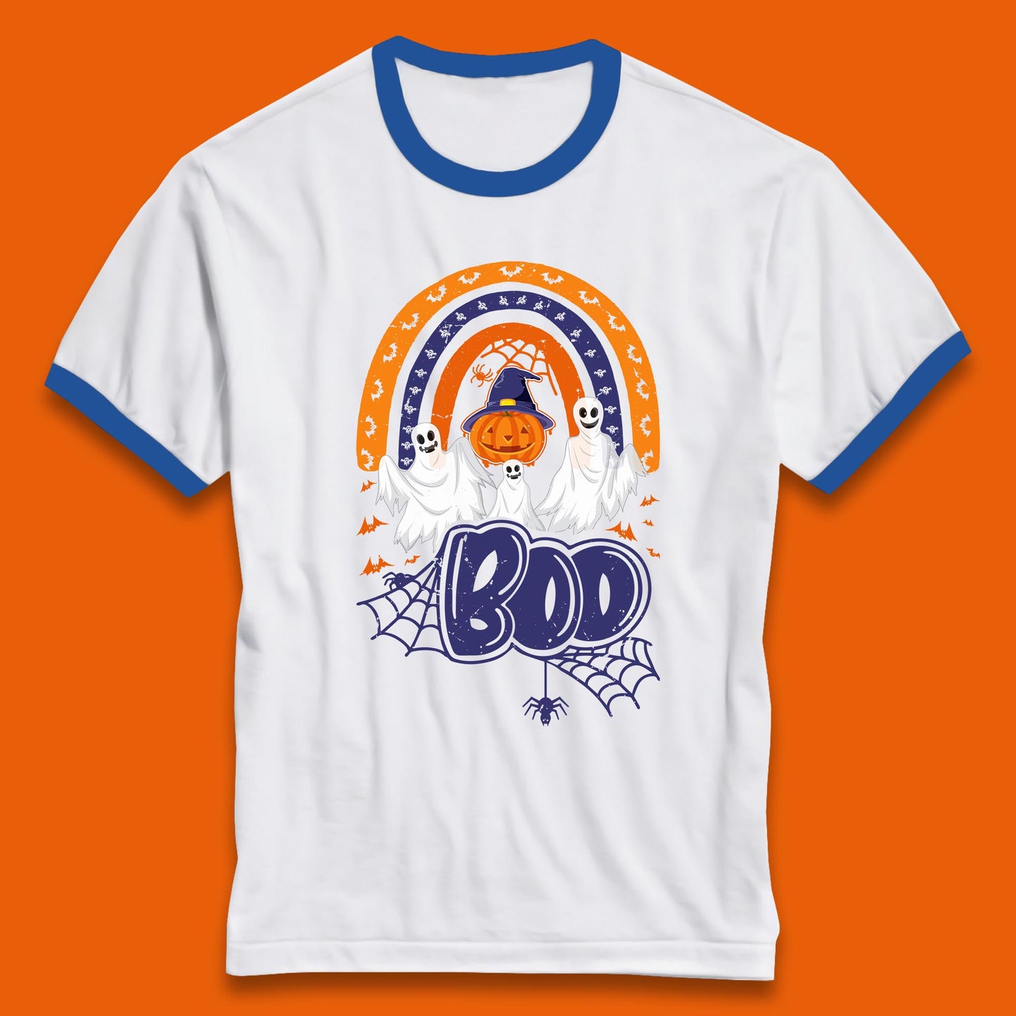 Halloween Boo Ghosts With Witch Pumpkin Scary Spooky Season Ringer T Shirt
