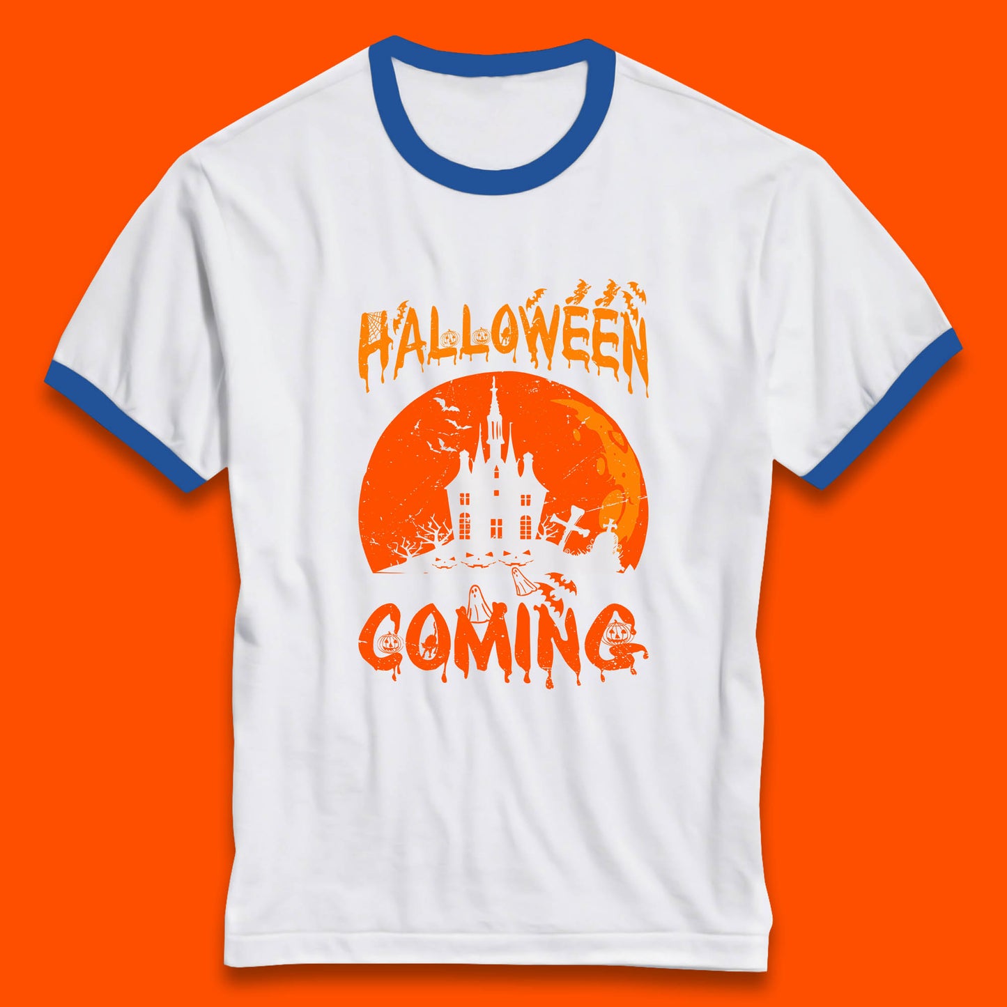 Halloween Coming Horror Scary Ghost Haunted House Spooky Season Ringer T Shirt