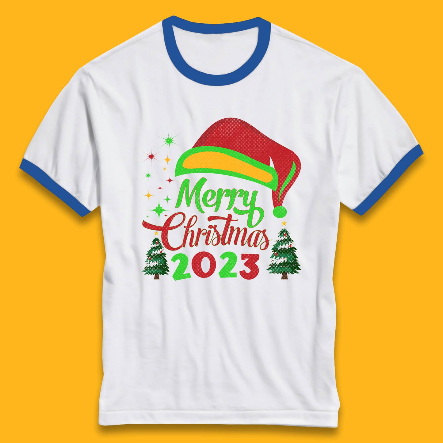 Merry Christmas 2023 Elf Hat Christmas Trees Xmas Gift Ringer T Shirt