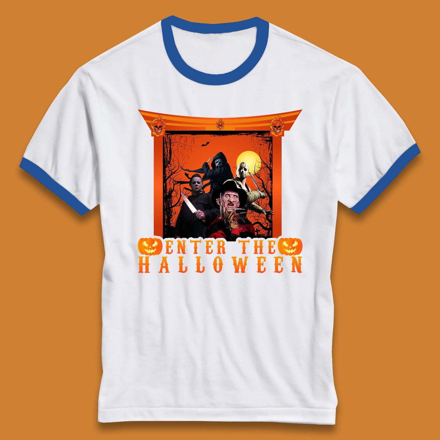 Enter The Halloween Horror Movie Characters Friends Halloween Villians Serial Killers Ringer T Shirt