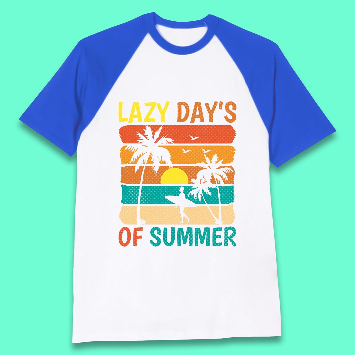 Lazy Days Of Summer Vintage Retro Sunset Surfer Beach Palm Trees Baseball T Shirt