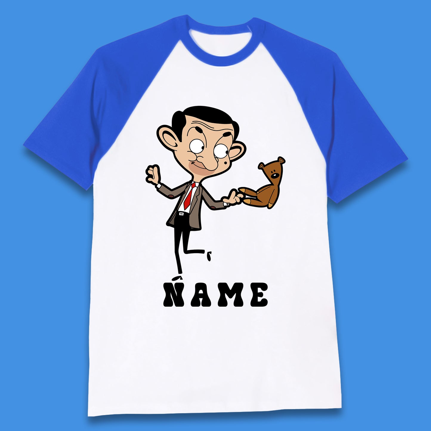 Personalised Mr Bean And Teddy Bear Your Name Comedy Cartoon Animated Series Baseball T Shirt
