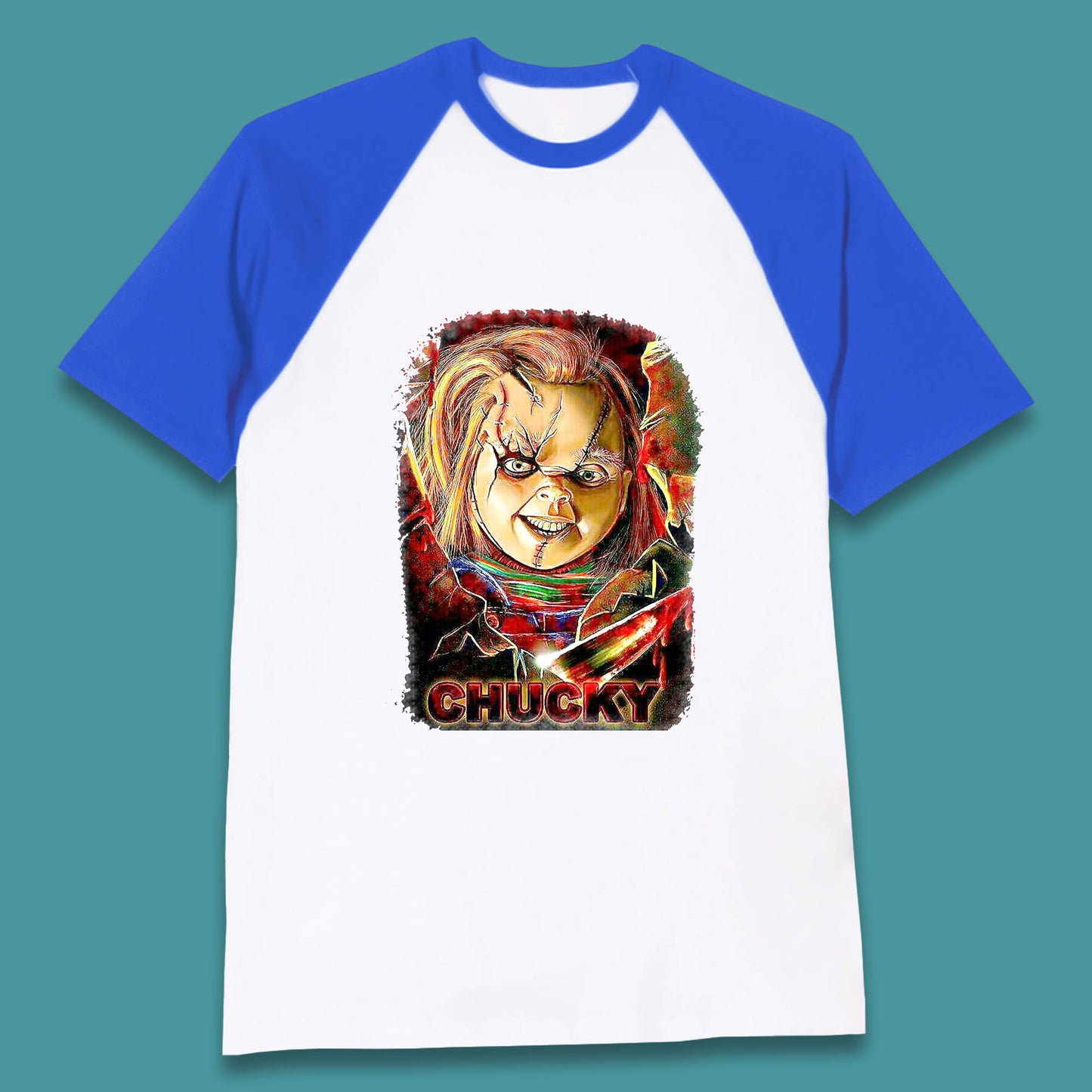 Chucky Distressed Childs Play Horror Monster Creepy Doll Toy Scary Halloween Scary Movie Character Baseball T Shirt