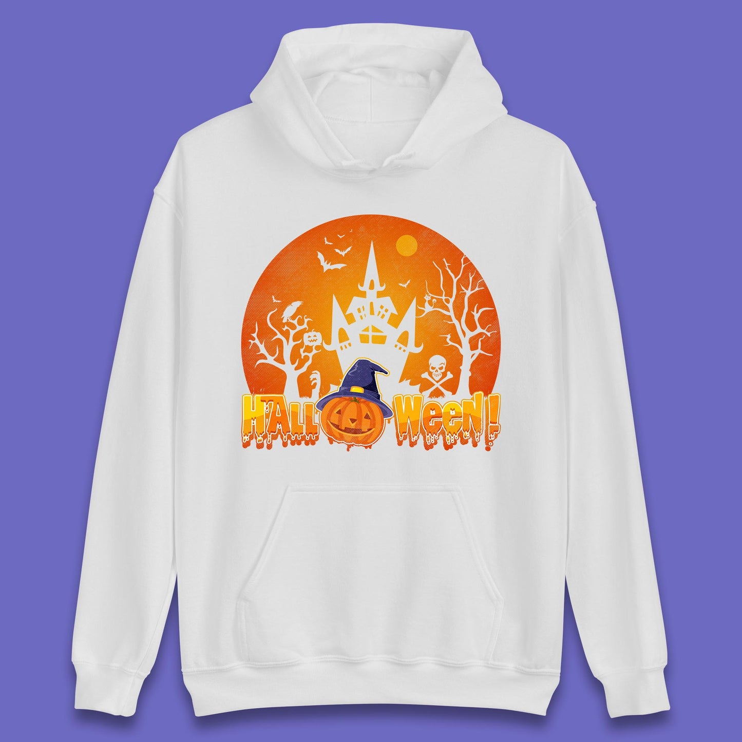 Halloween Pumpkin Witch Hat Haunted Castle Flying Bats Skull Bones Scary Dark Night Unisex Hoodie