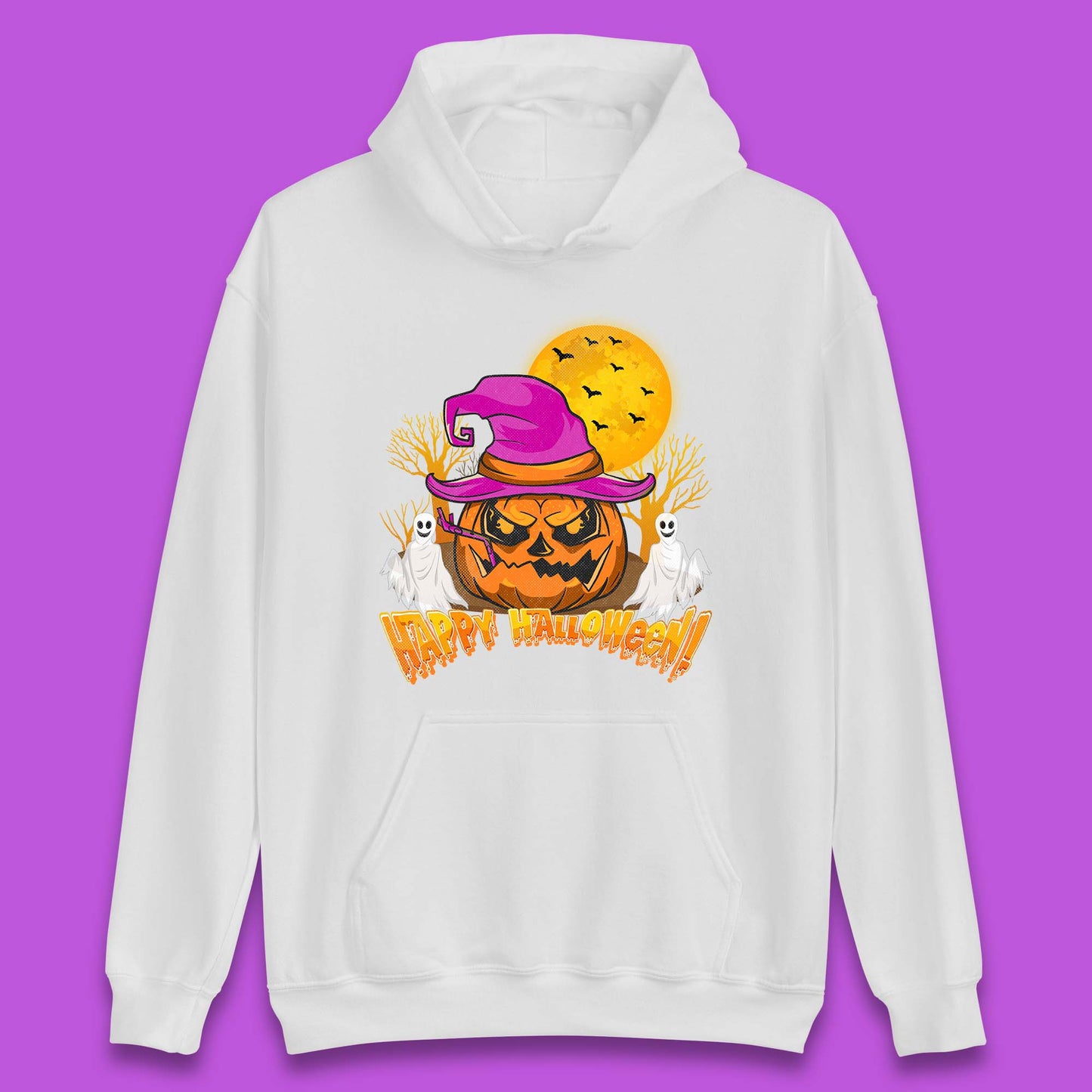Happy Halloween Pumpkin Witch Hat Jack-o'-lantern With Full Moon Flying Bats Horror Scary Boo Ghost Unisex Hoodie