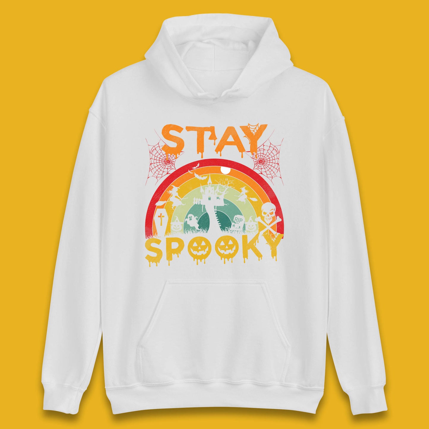 Stay Spooky Vintage Halloween Hunted House Dark Night Full Moon And Flying Bats Unisex Hoodie