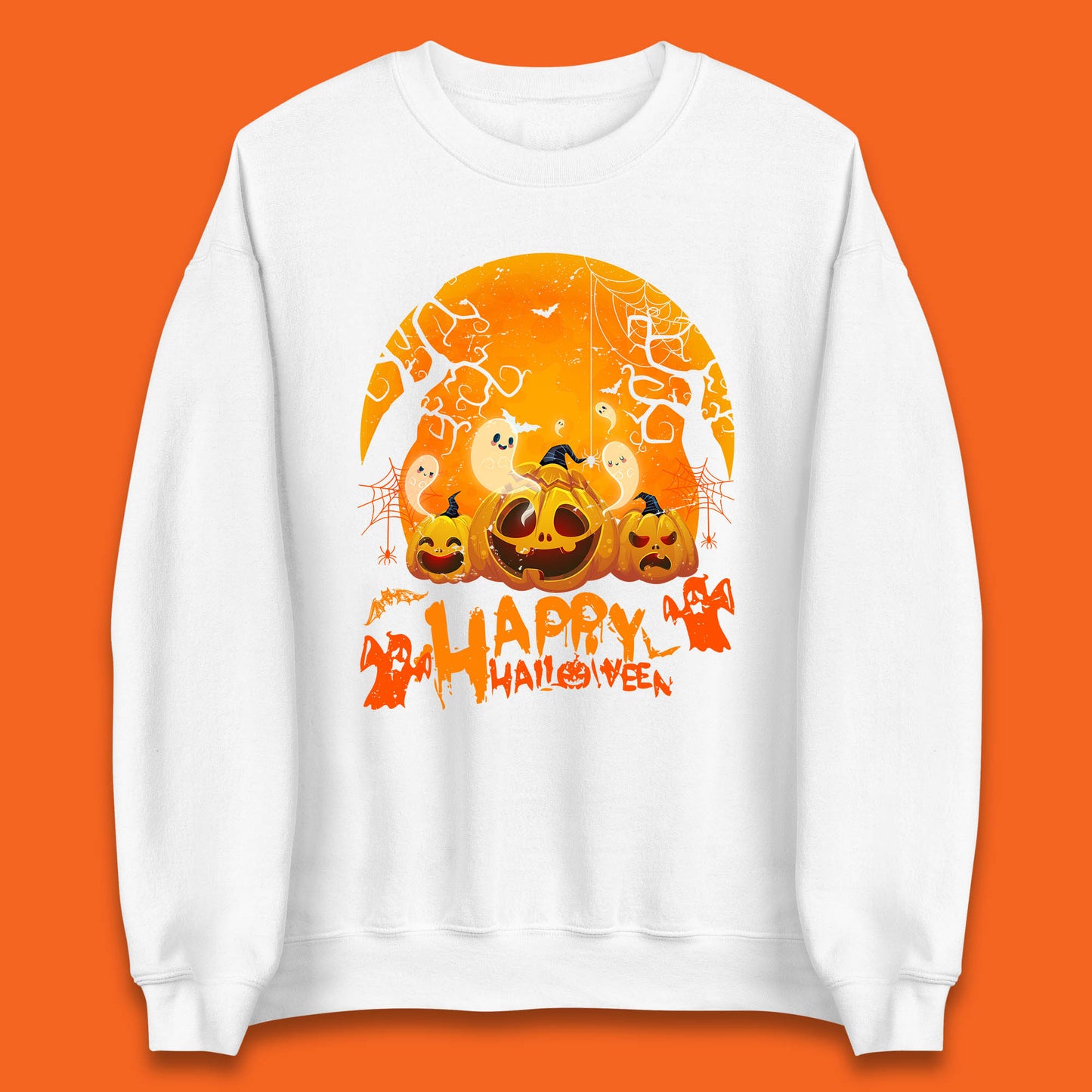 Happy Halloween Jack O Lantern Pumpkins Scary Boo Ghost Haunted Trees Unisex Sweatshirt