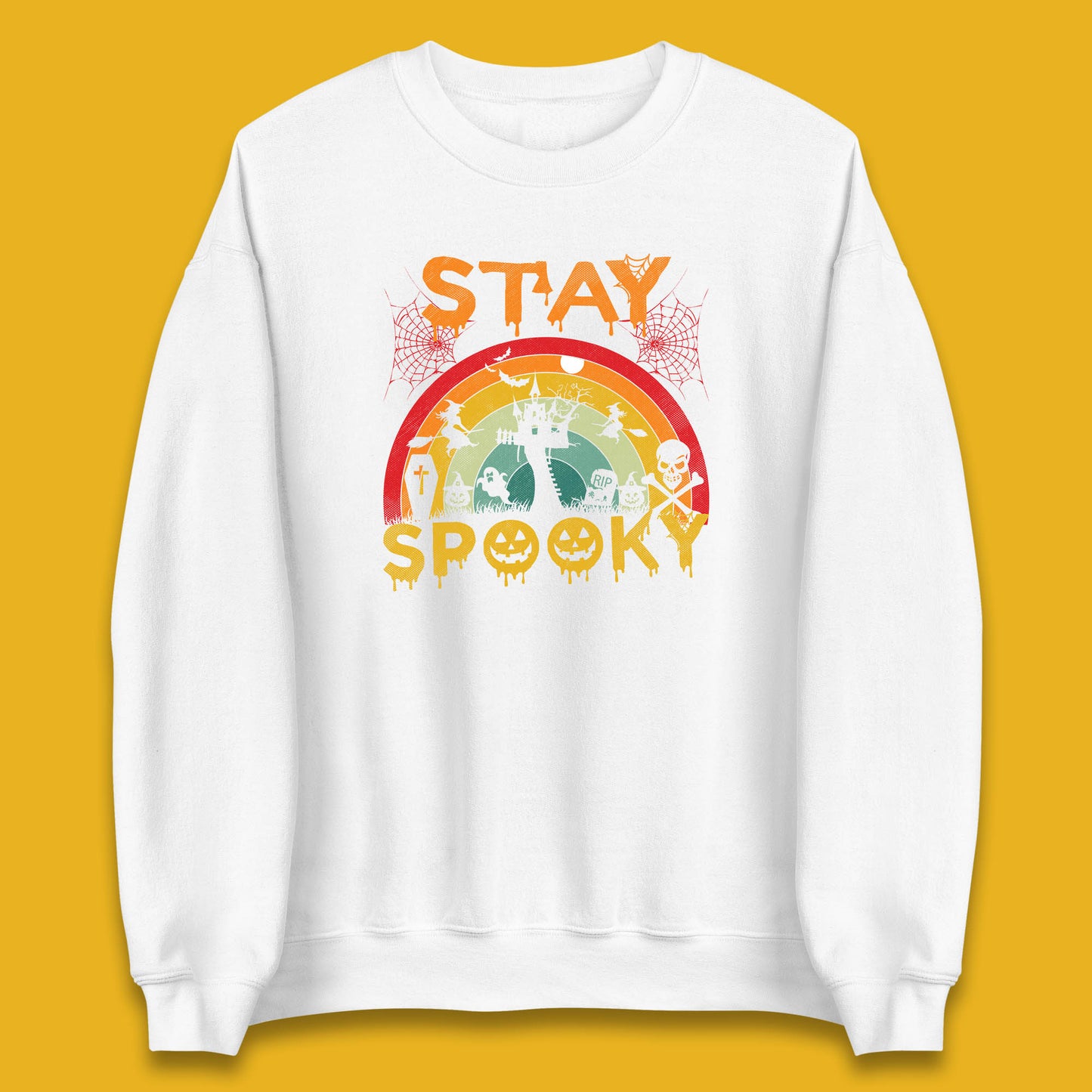 Stay Spooky Vintage Halloween Hunted House Dark Night Full Moon And Flying Bats Unisex Sweatshirt