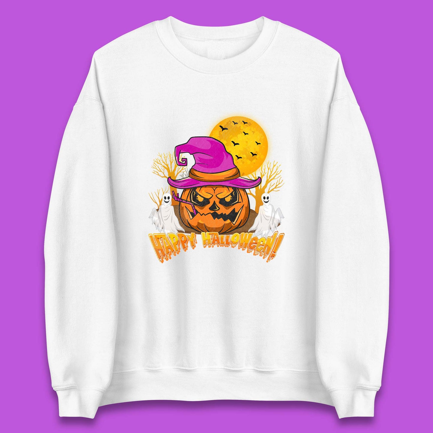 Happy Halloween Pumpkin Witch Hat Jack-o'-lantern With Full Moon Flying Bats Horror Scary Boo Ghost Unisex Sweatshirt