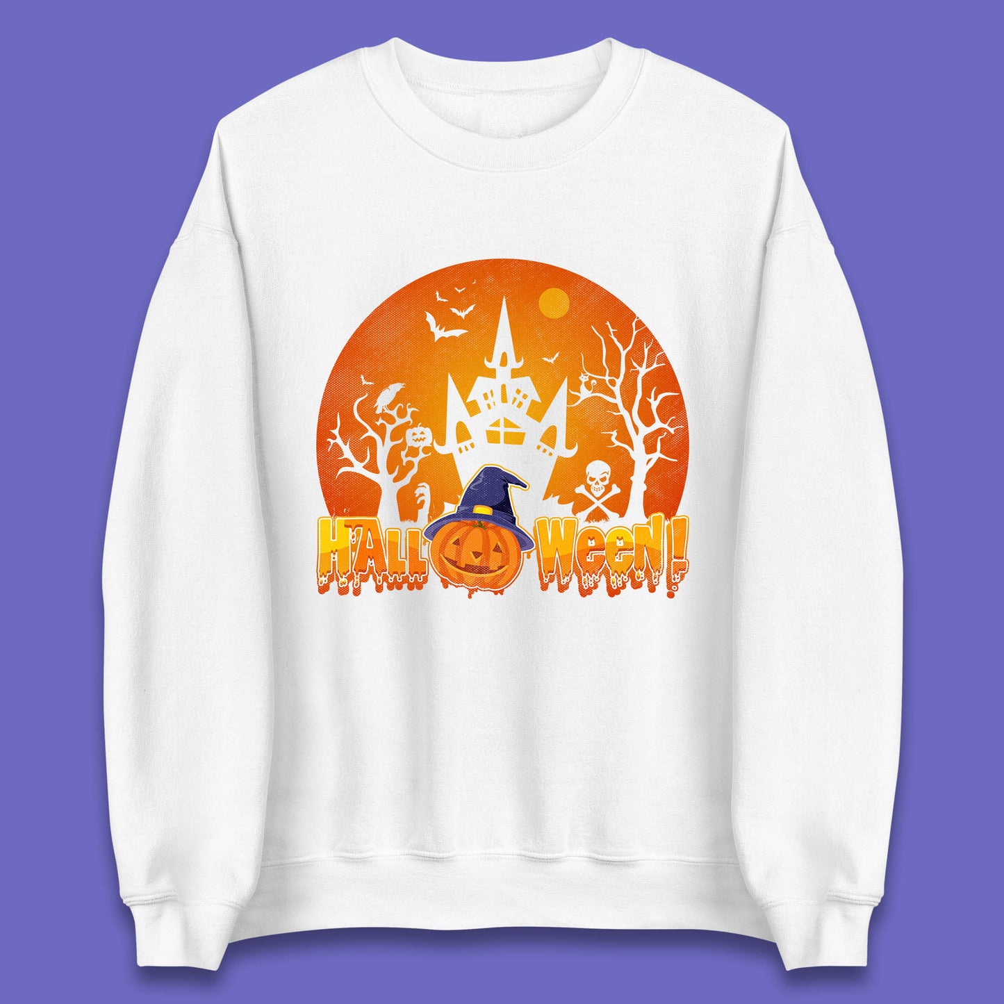Halloween Pumpkin Witch Hat Haunted Castle Flying Bats Skull Bones Scary Dark Night Unisex Sweatshirt
