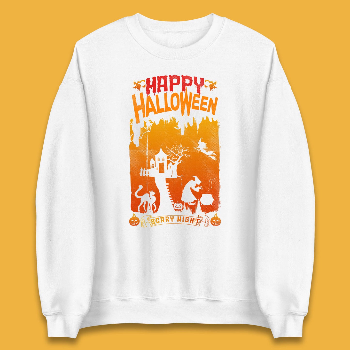 Happy Halloween Horror Hunted House Flying Witch Scary Spooky Night Unisex Sweatshirt