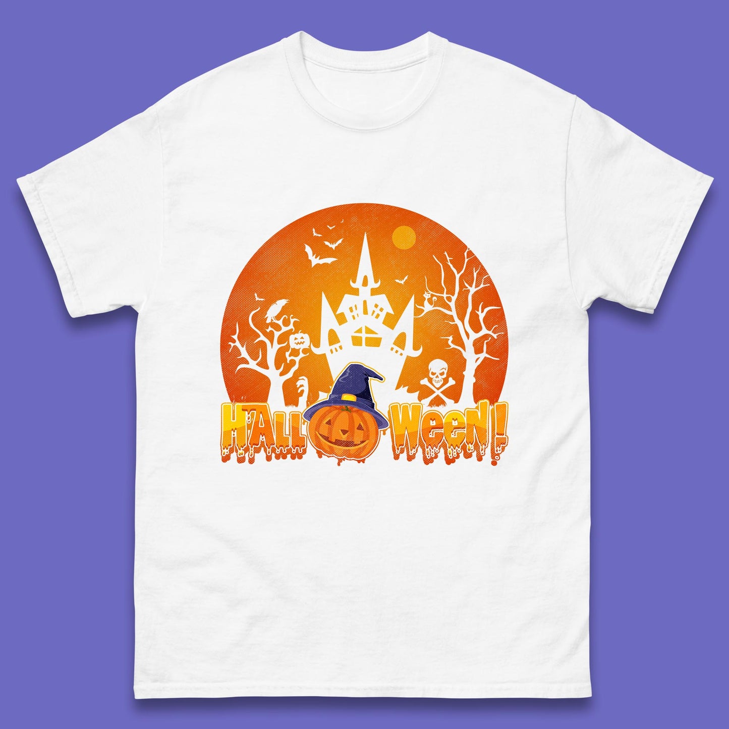 Halloween Pumpkin Witch Hat Haunted Castle Flying Bats Skull Bones Scary Dark Night Mens Tee Top