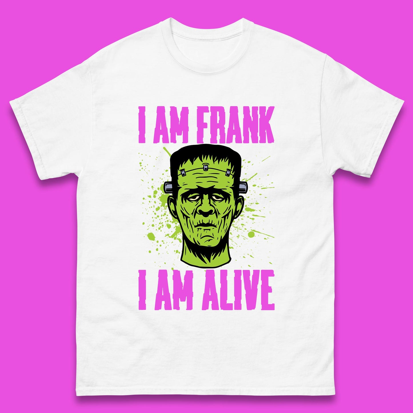 I Am Frank I Am Alive Halloween Green Frankenstein Monster Zombie Horror Face Mens Tee Top