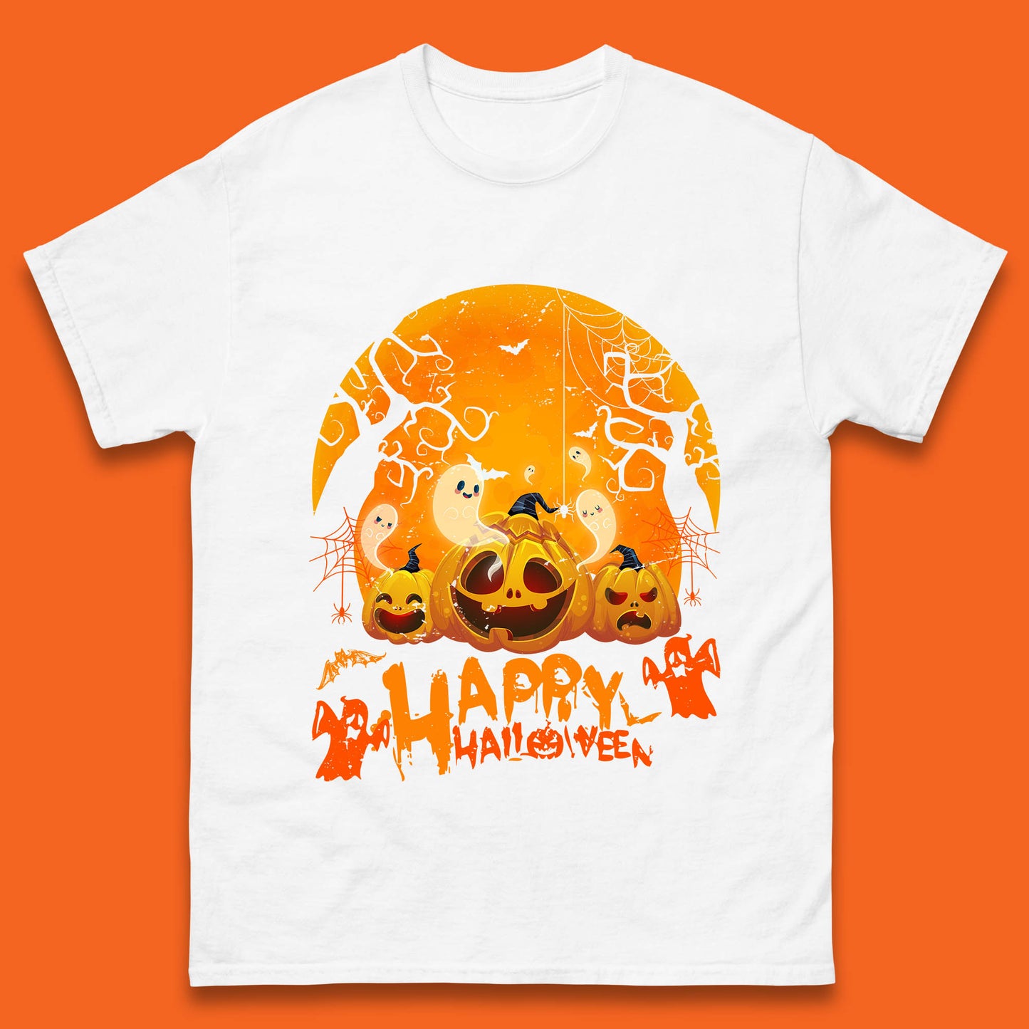 Happy Halloween Jack O Lantern Pumpkins Scary Boo Ghost Haunted Trees Mens Tee Top