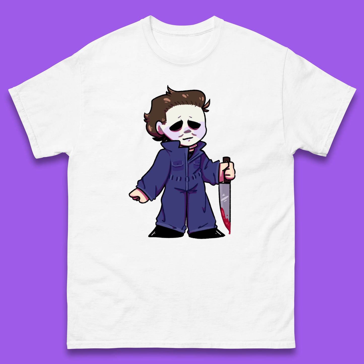 Chibi Michael Myers Holding Bloody Knife Halloween Serial Killer Horror Movie Character Mens Tee Top