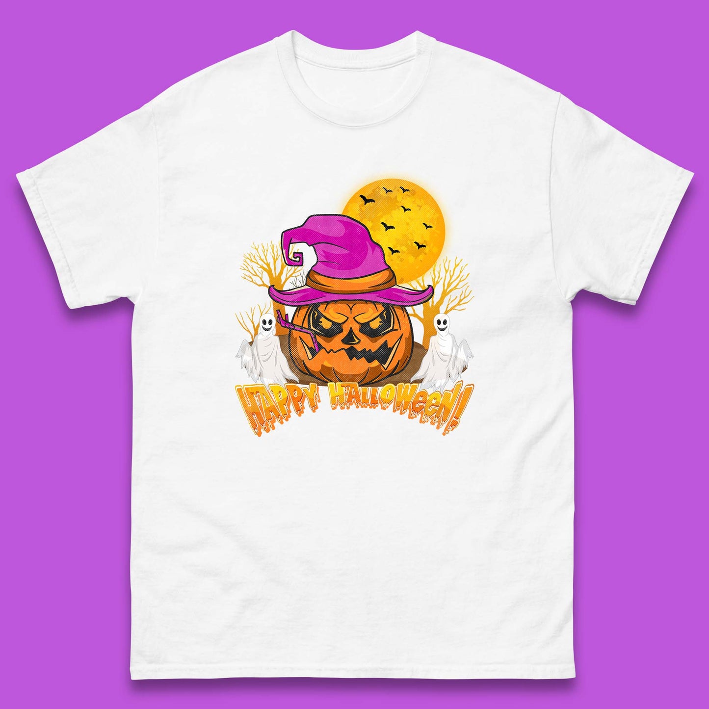 Happy Halloween Pumpkin Witch Hat Jack-o'-lantern With Full Moon Flying Bats Horror Scary Boo Ghost Mens Tee Top