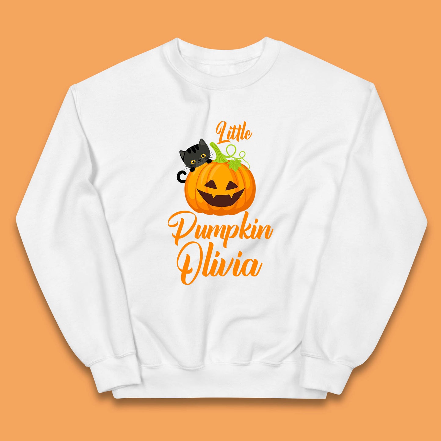 Personalised Little Pumpkin Your Name Black Cat Witch On Pumpkin Kids Jumper