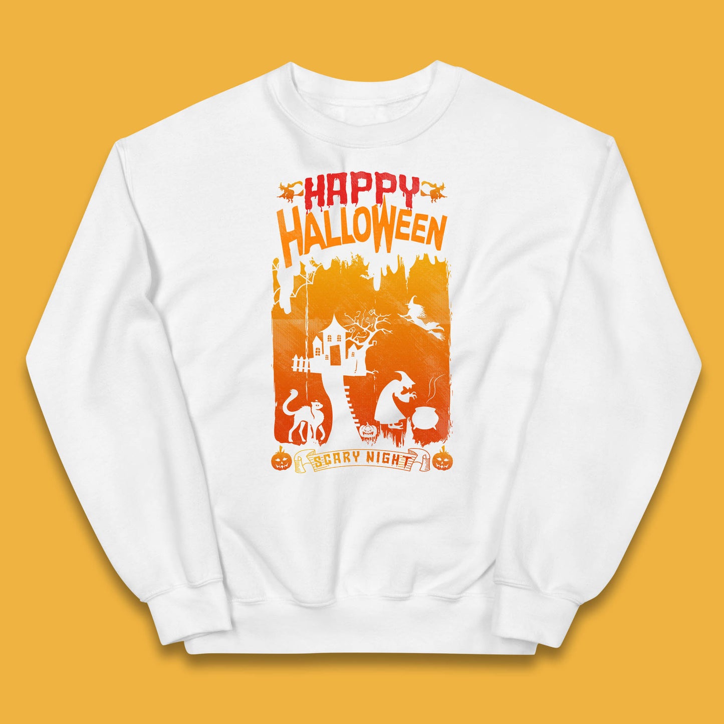 Happy Halloween Horror Hunted House Flying Witch Scary Spooky Night Kids Jumper