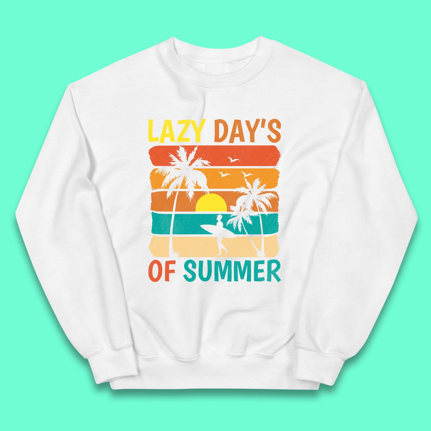 Lazy Days Of Summer Vintage Retro Sunset Surfer Beach Palm Trees Kids Jumper