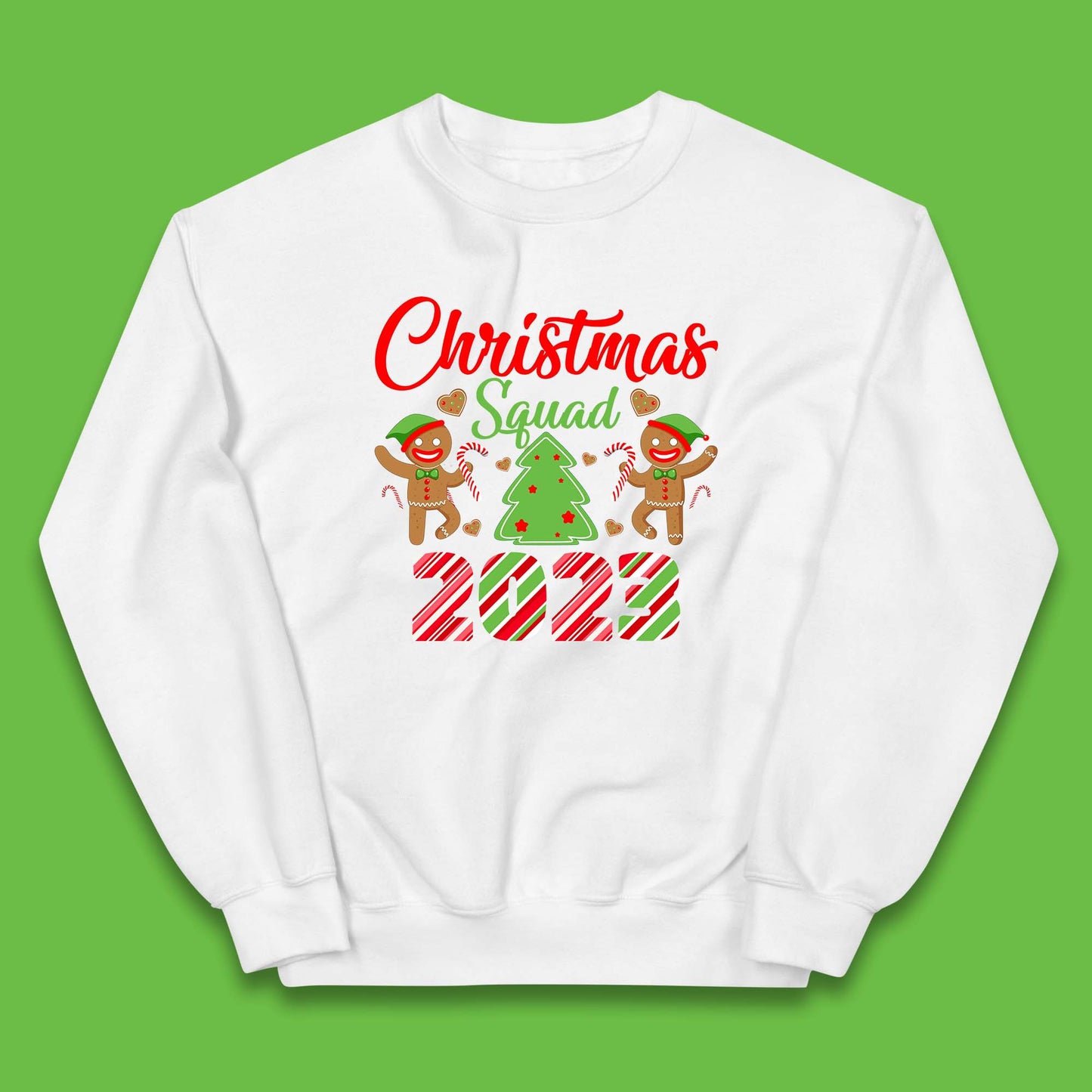 Christmas Squad 2023 Christmas Tree Xmas Gingerbread Man with Candy Cane Kids Jumper