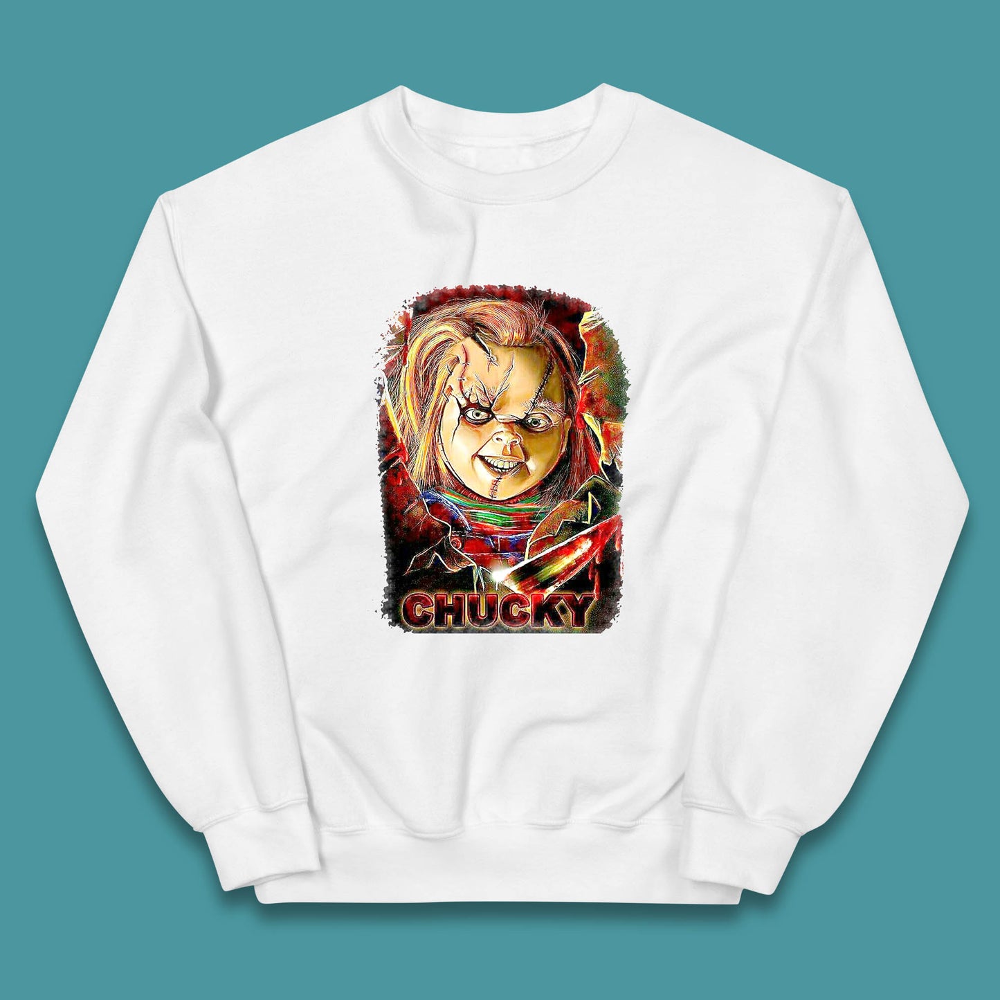 Chucky Distressed Childs Play Horror Monster Creepy Doll Toy Scary Halloween Scary Movie Character Kids Jumper