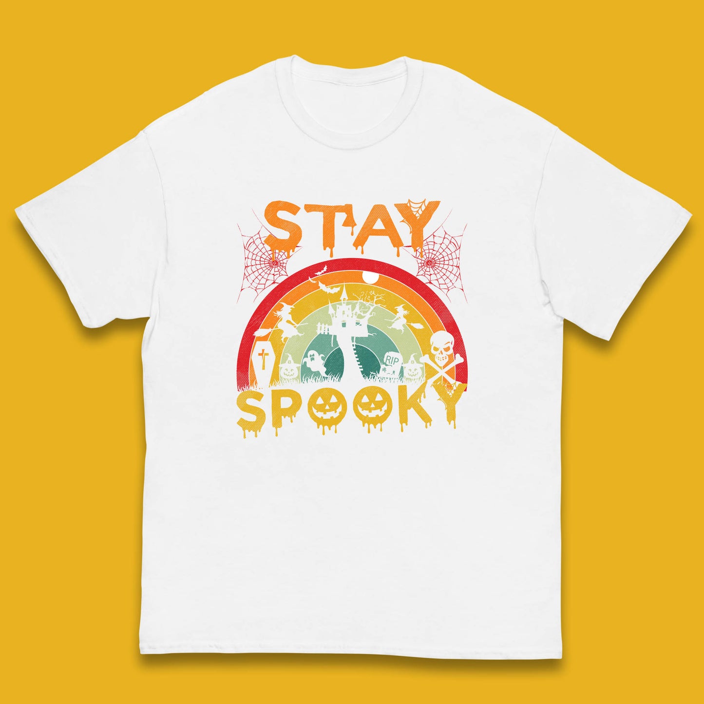 Stay Spooky Vintage Halloween Hunted House Dark Night Full Moon And Flying Bats Kids T Shirt