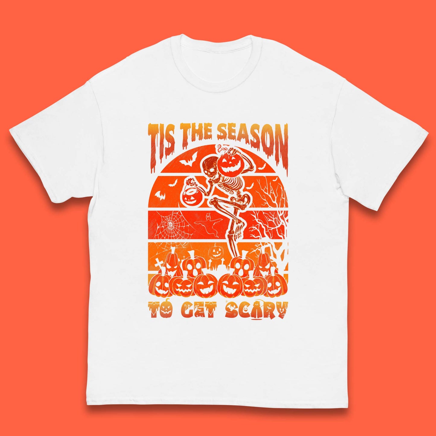 Tis The Season To Get Scary Halloween Skeleton Holding Pumpkin Buckets Spooky Vibes Kids T Shirt