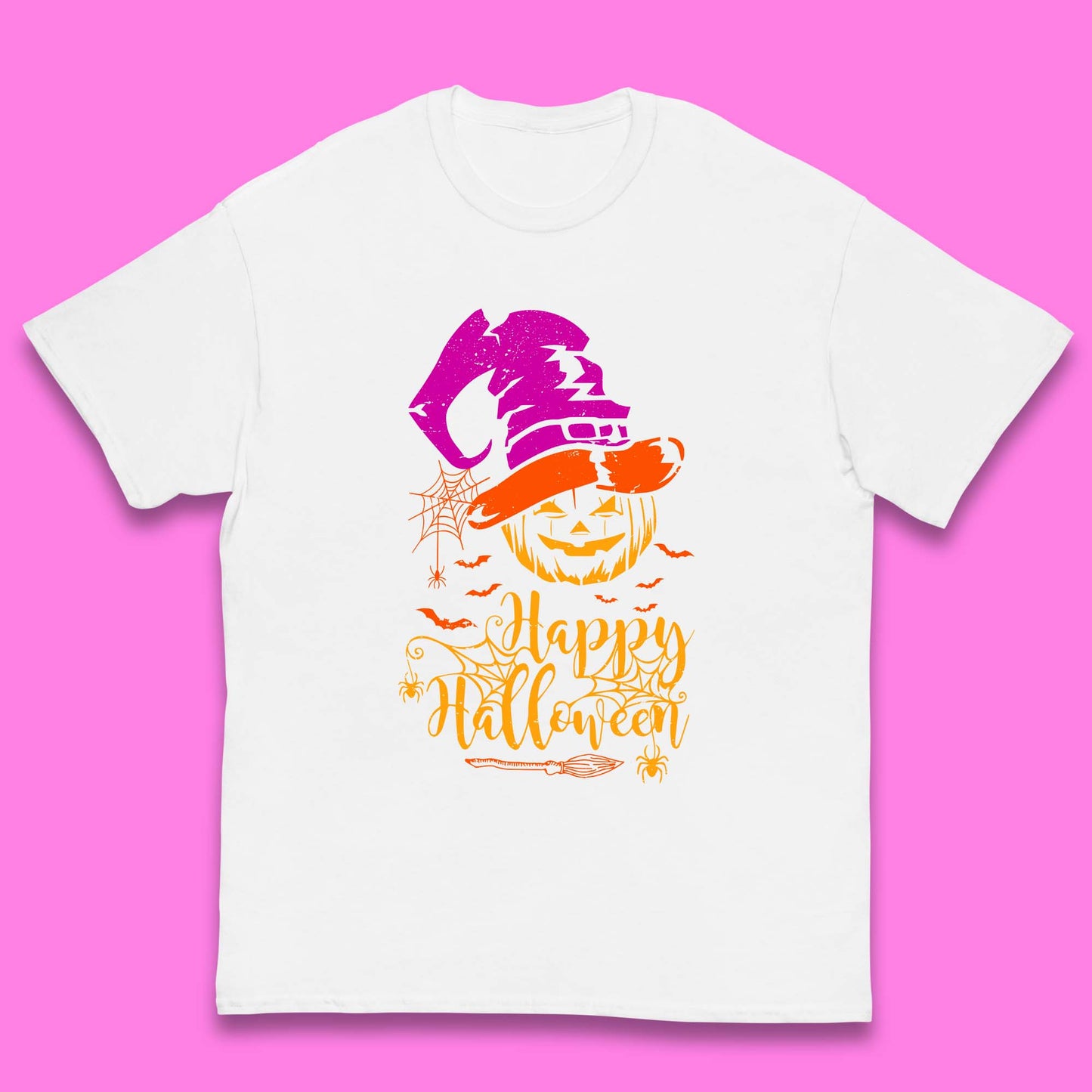 Happy Halloween Witch Hat Pumpkin Horror Scary Jack-o-lantern Flying Bats Kids T Shirt