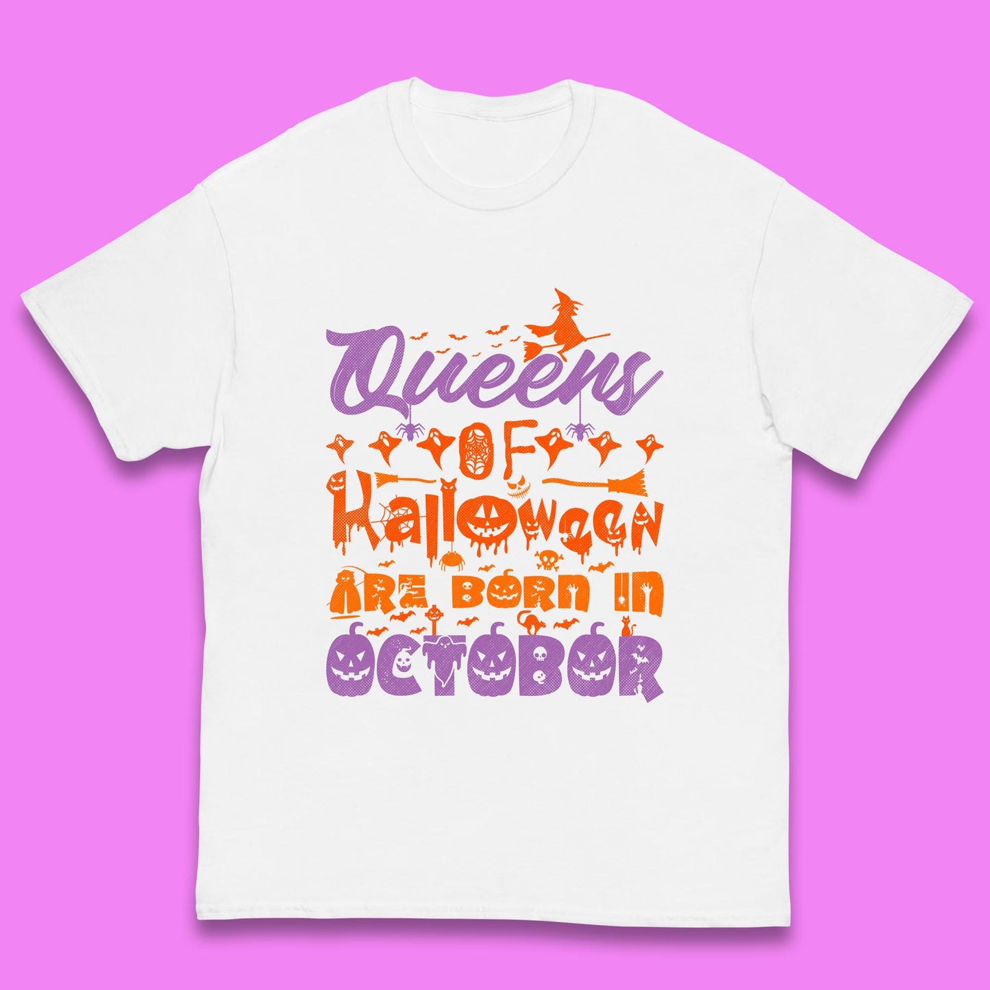 Queens Of Halloween Are Born In October Halloween Witch Birthday Party Kids T Shirt