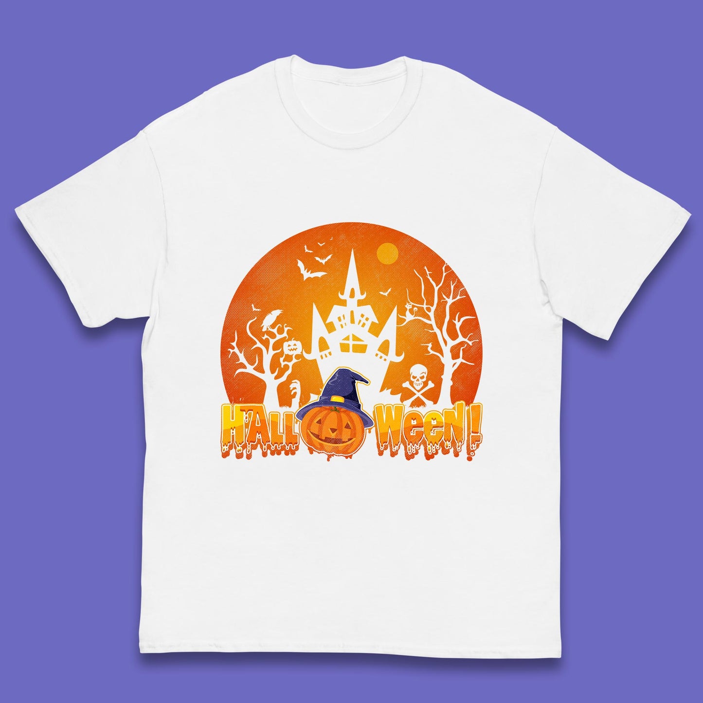 Halloween Pumpkin Witch Hat Haunted Castle Flying Bats Skull Bones Scary Dark Night Kids T Shirt